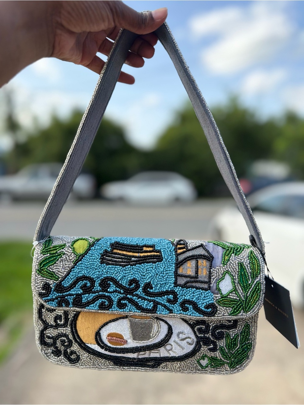 Marshalls Paris Beaded Scenic Blue & Green Shoulder Bag